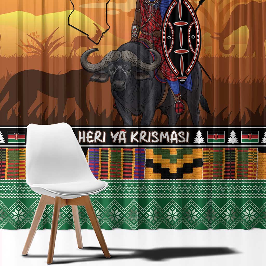 Afro Christmas in Kenya Safari Window Curtain Black Santa Riding Cape Buffalo - African Pride
