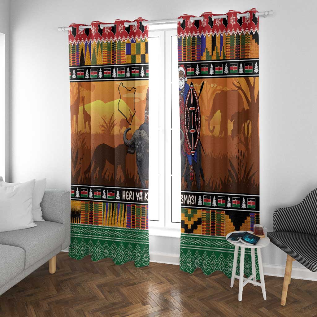 Afro Christmas in Kenya Safari Window Curtain Black Santa Riding Cape Buffalo - African Pride