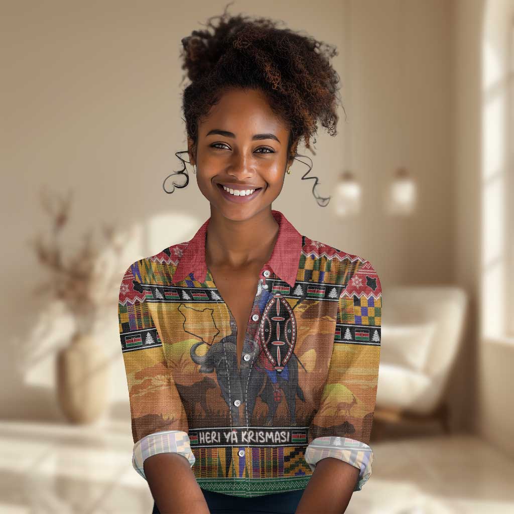 Afro Christmas in Kenya Safari Women Casual Shirt Black Santa Riding Cape Buffalo - African Pride