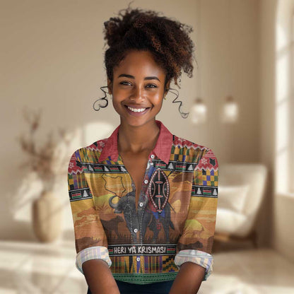 Afro Christmas in Kenya Safari Women Casual Shirt Black Santa Riding Cape Buffalo - African Pride