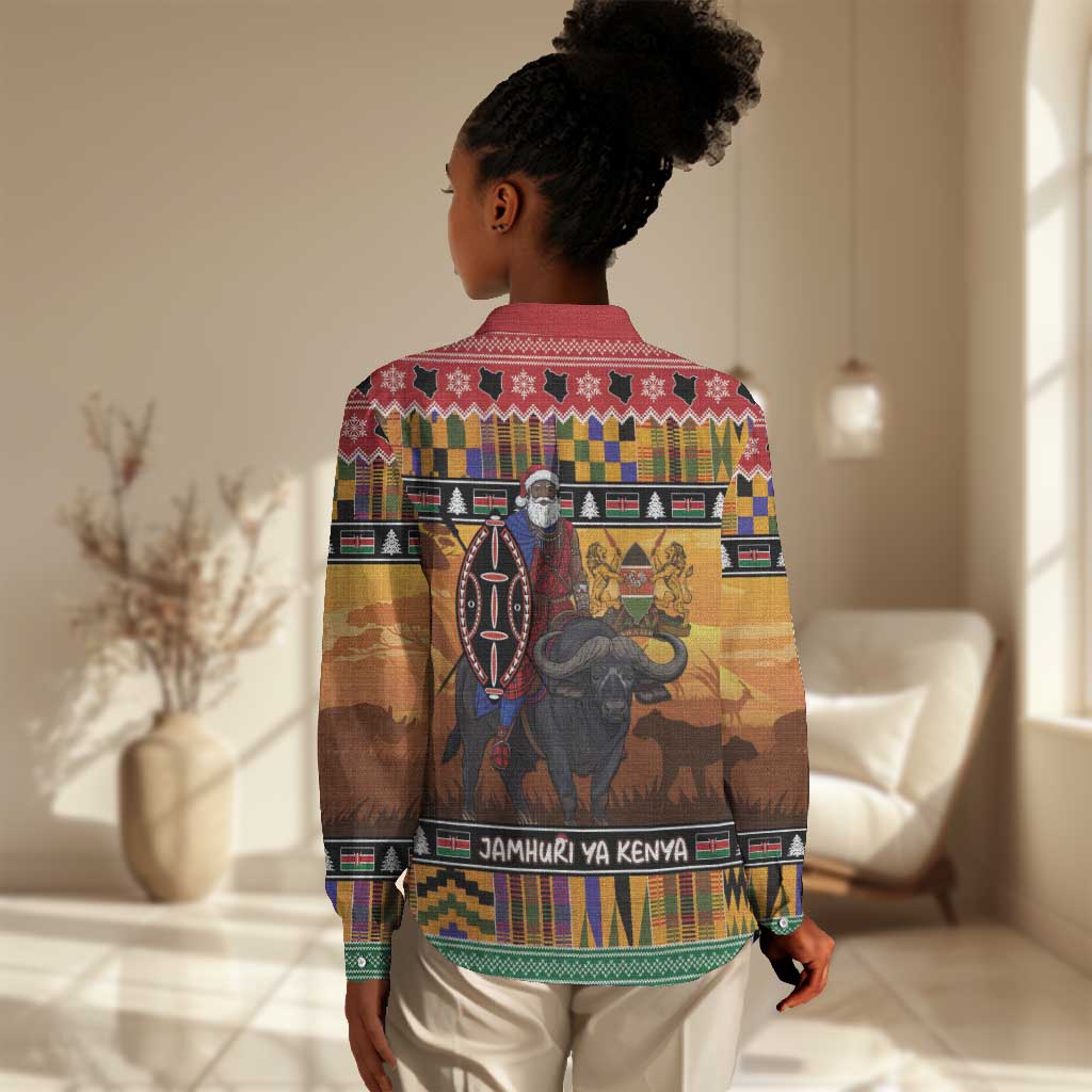 Afro Christmas in Kenya Safari Women Casual Shirt Black Santa Riding Cape Buffalo - African Pride