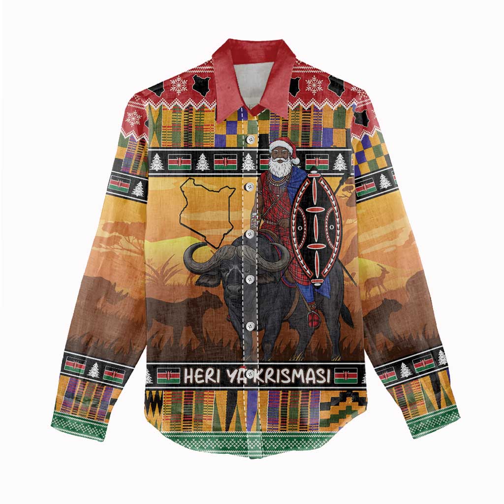 Afro Christmas in Kenya Safari Women Casual Shirt Black Santa Riding Cape Buffalo - African Pride