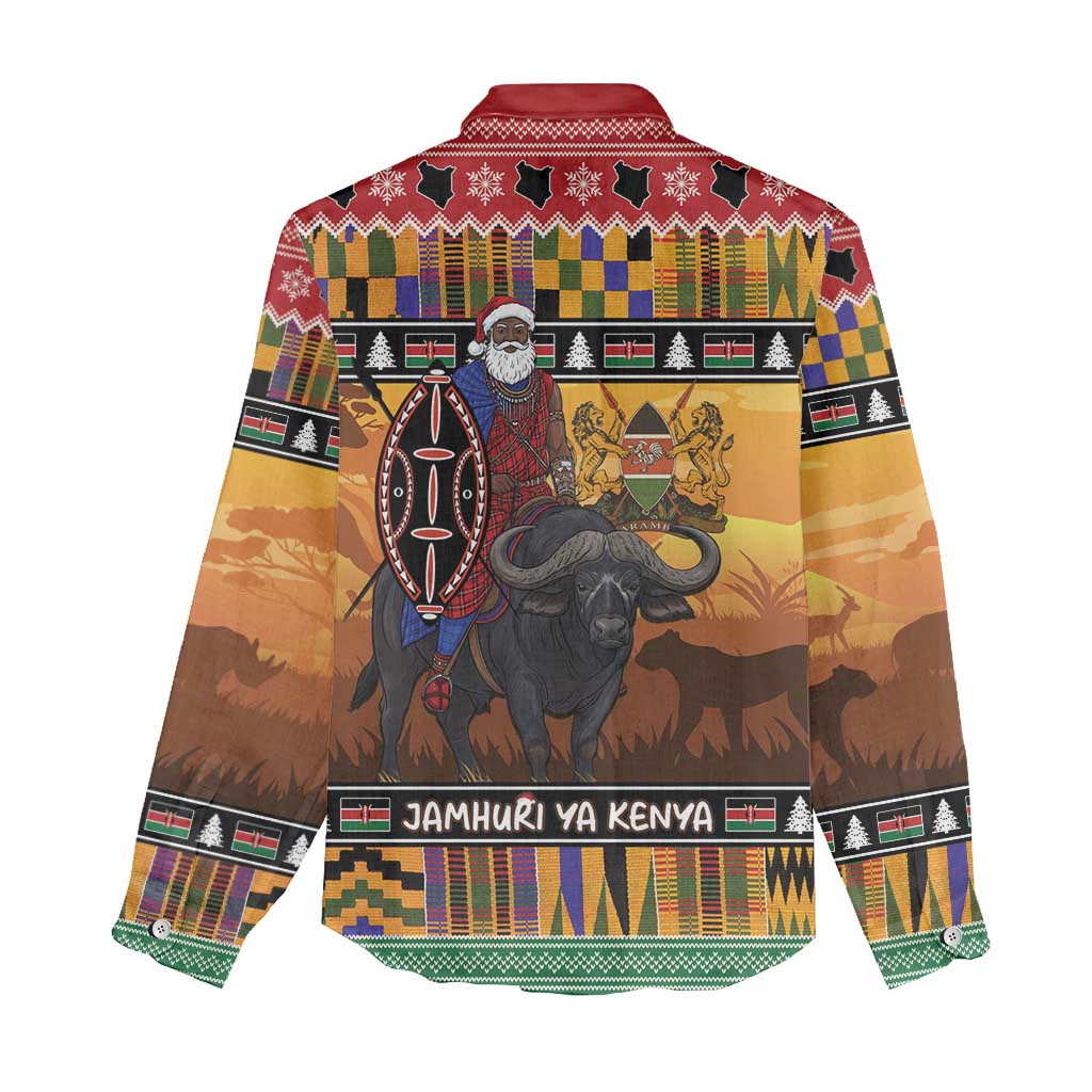 Afro Christmas in Kenya Safari Women Casual Shirt Black Santa Riding Cape Buffalo - African Pride