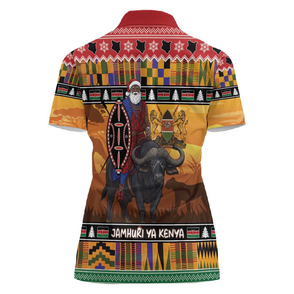 Afro Christmas in Kenya Safari Women Polo Shirt Black Santa Riding Cape Buffalo - African Pride