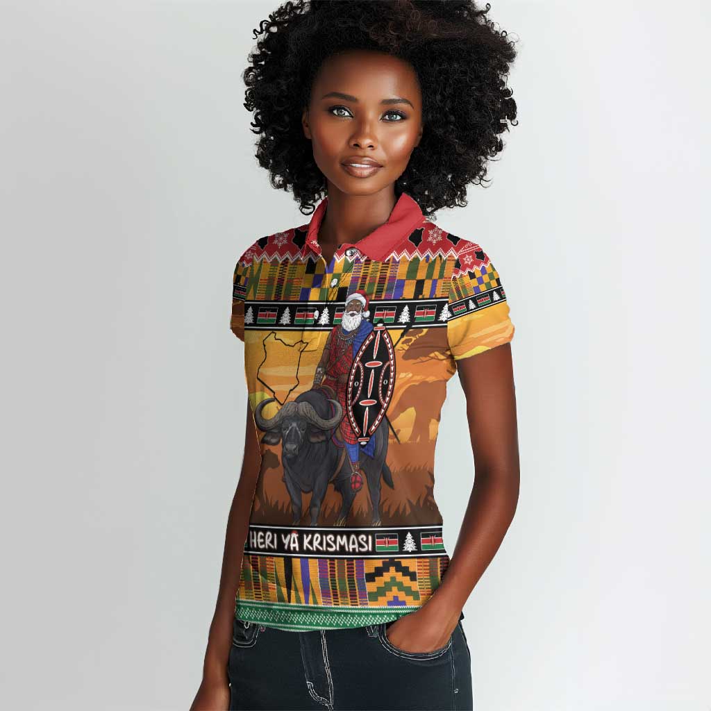 Afro Christmas in Kenya Safari Women Polo Shirt Black Santa Riding Cape Buffalo - African Pride