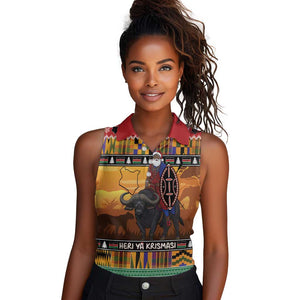 Afro Christmas in Kenya Safari Women Sleeveless Polo Shirt Black Santa Riding Cape Buffalo - African Pride