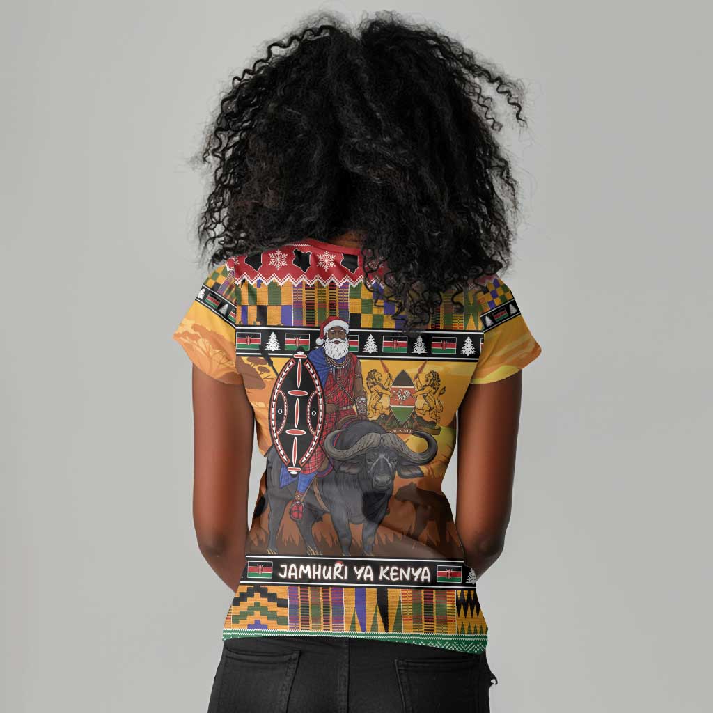 Afro Christmas in Kenya Safari Women V-Neck T-Shirt Black Santa Riding Cape Buffalo - African Pride