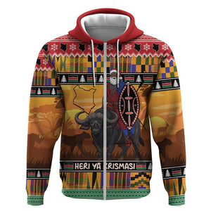 Afro Christmas in Kenya Safari Zip Hoodie Black Santa Riding Cape Buffalo - African Pride