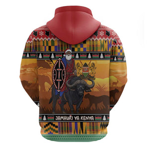 Afro Christmas in Kenya Safari Zip Hoodie Black Santa Riding Cape Buffalo - African Pride