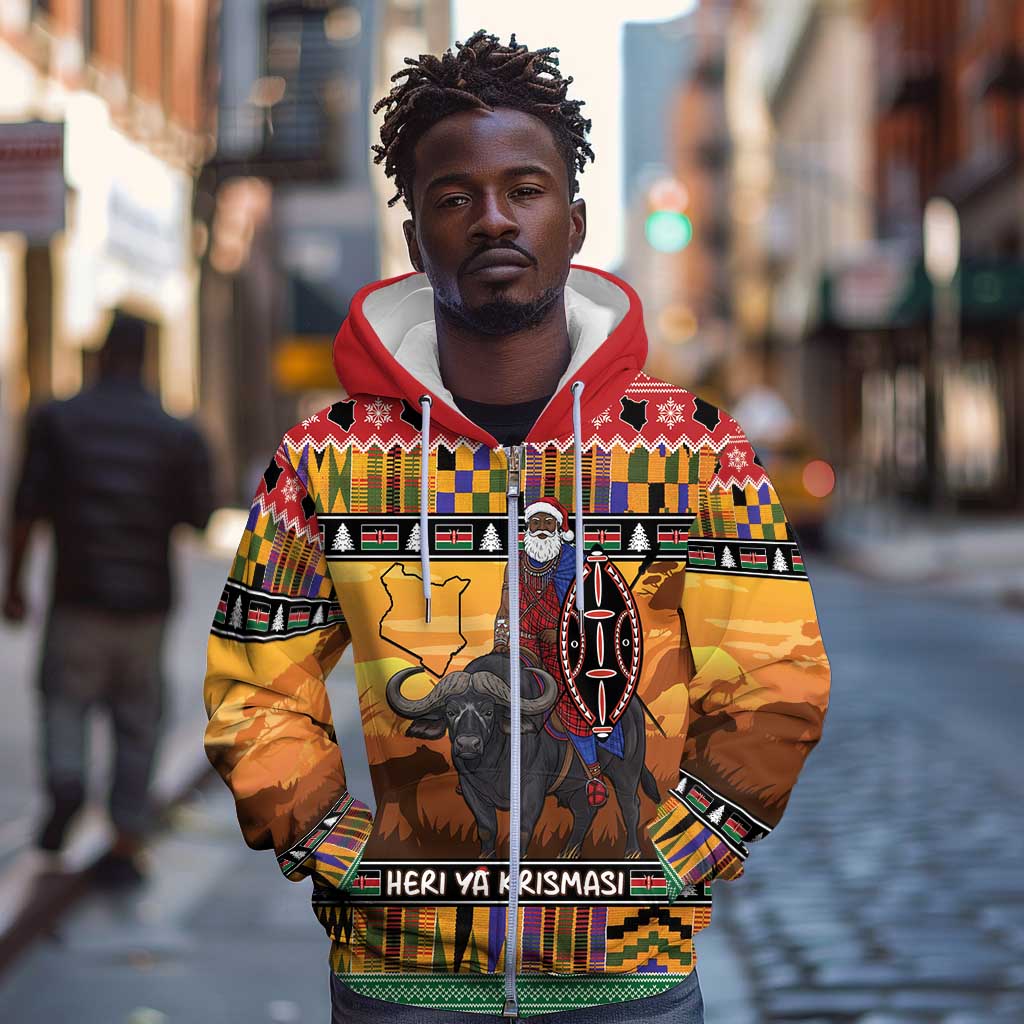 Afro Christmas in Kenya Safari Zip Hoodie Black Santa Riding Cape Buffalo - African Pride