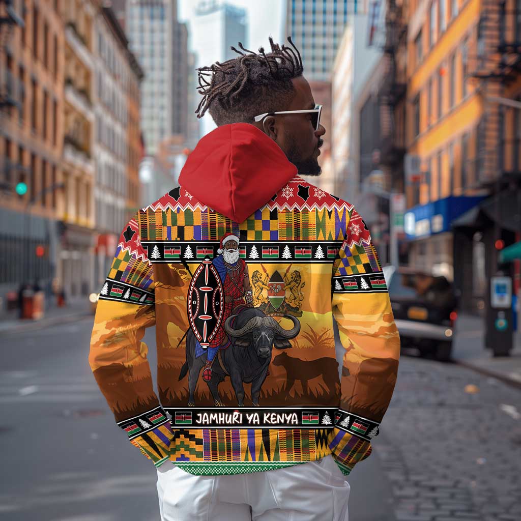 Afro Christmas in Kenya Safari Zip Hoodie Black Santa Riding Cape Buffalo - African Pride
