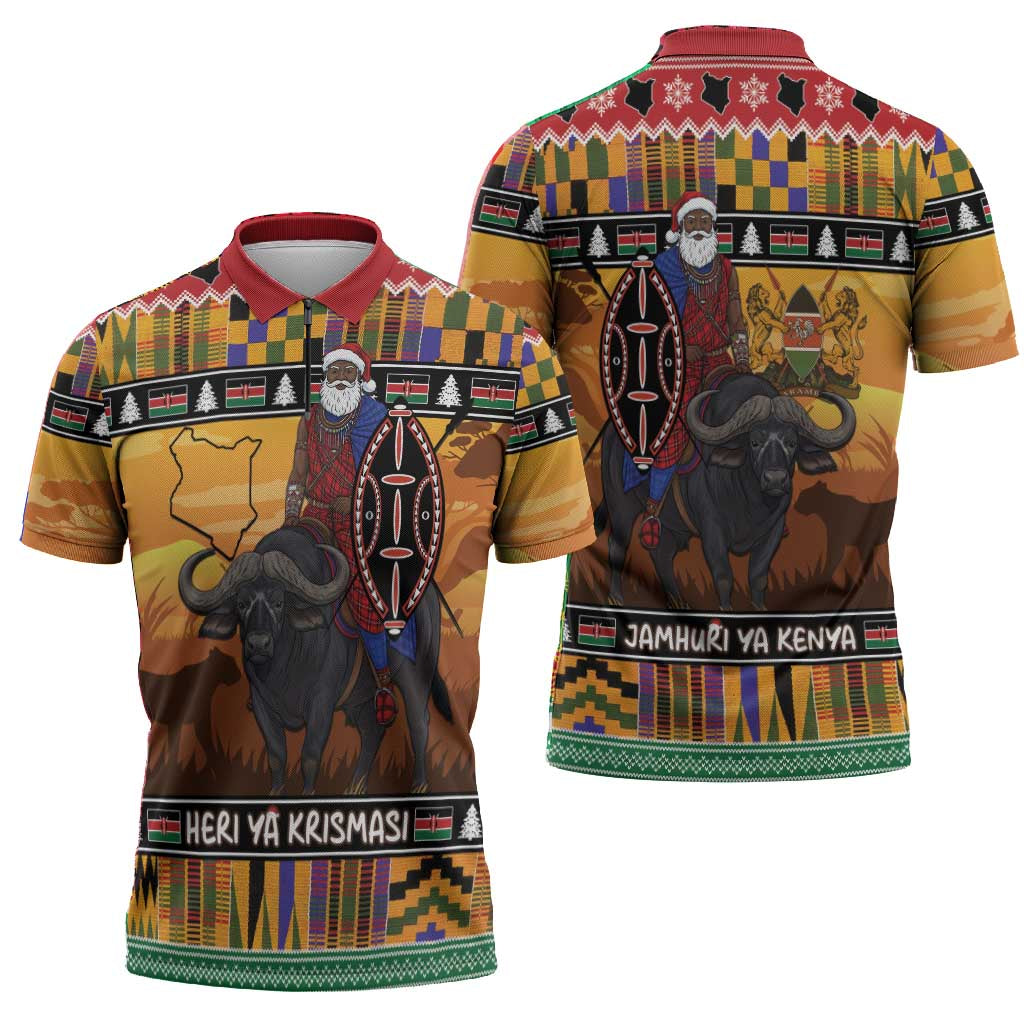 Kenya Safari Christmas Zipper Polo Shirt Black Santa Riding Cape Buffalo - Heri ya Krismasi