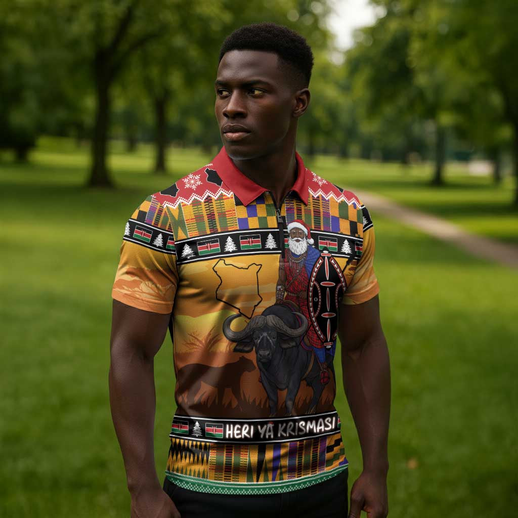 Kenya Safari Christmas Zipper Polo Shirt Black Santa Riding Cape Buffalo - Heri ya Krismasi