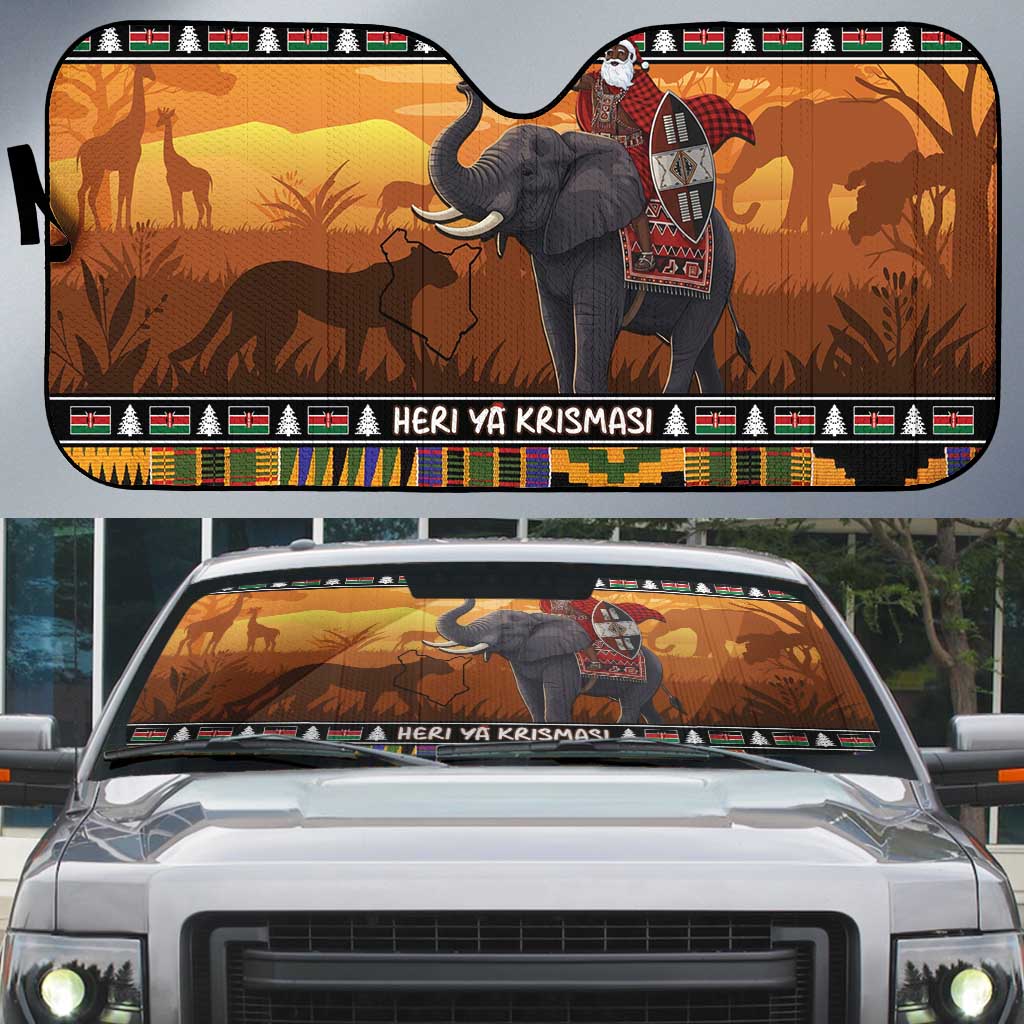 Kenya Safari Christmas Auto Sun Shade Black Santa Riding Elephant - Heri ya Krismasi