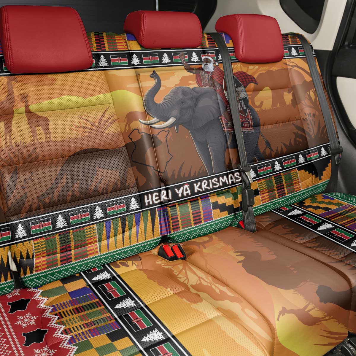 Afro Christmas in Kenya Safari Back Car Seat Cover Black Santa Riding Elephant - African Pride