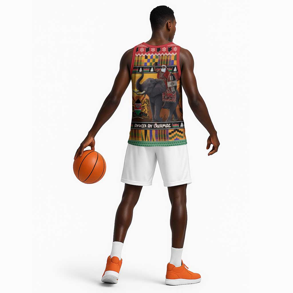 Afro Christmas in Kenya Safari Basketball Jersey Black Santa Riding Elephant - African Pride