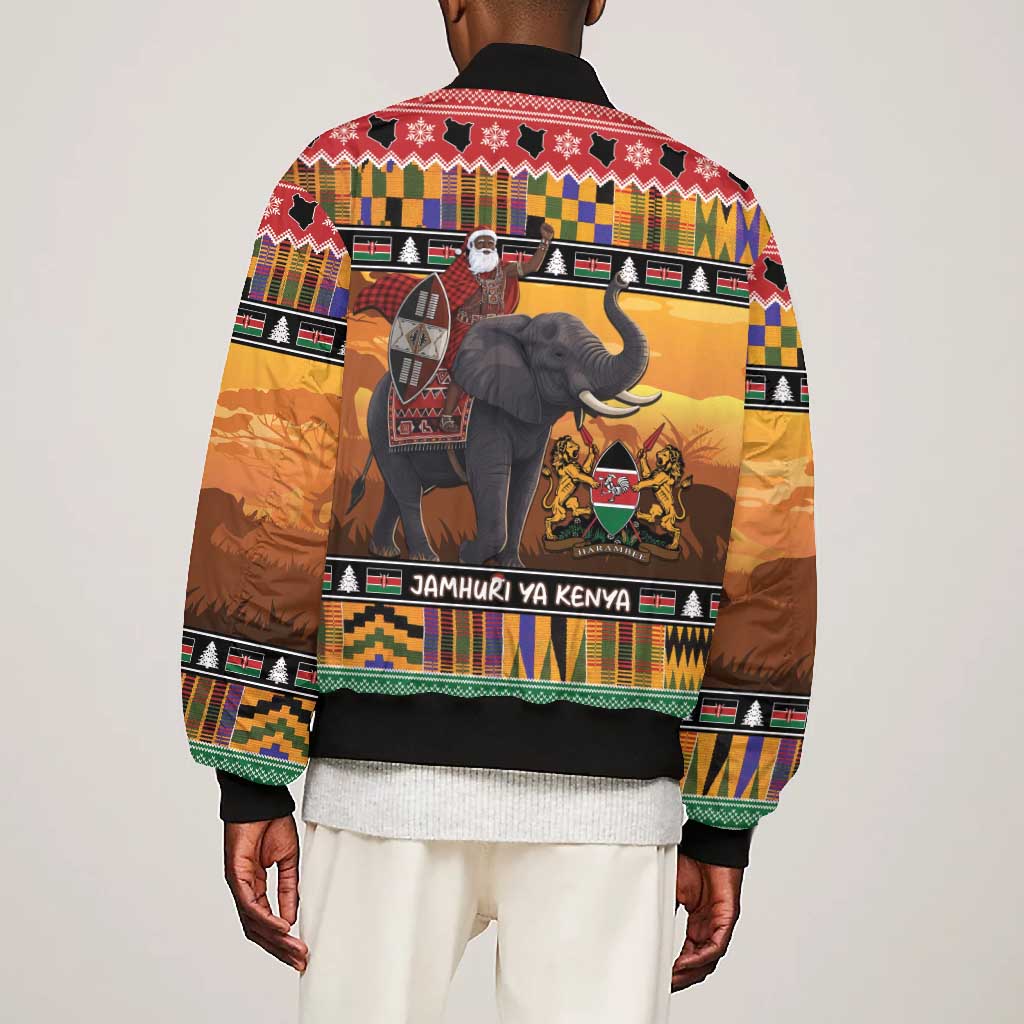 Afro Christmas in Kenya Safari Bomber Jacket Black Santa Riding Elephant - African Pride