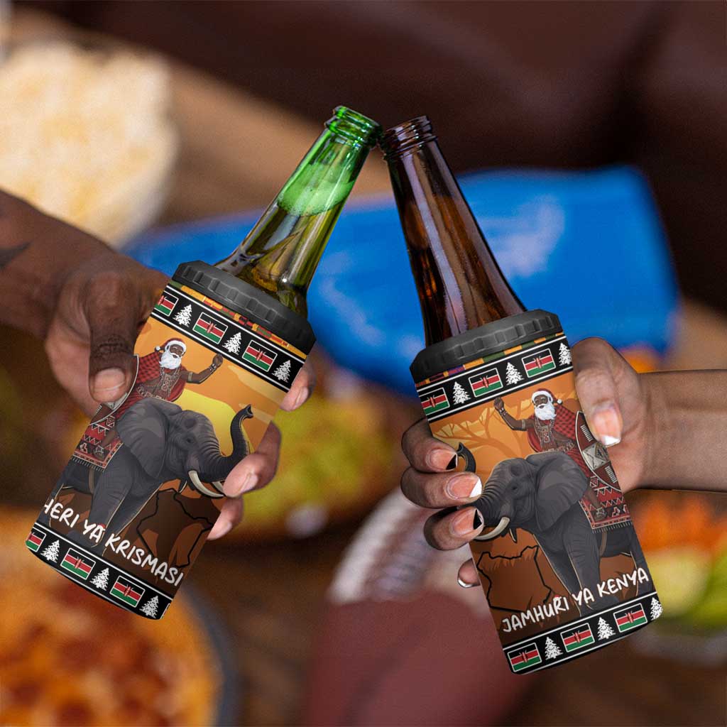 Afro Christmas in Kenya Safari 4 in 1 Can Cooler Tumbler Black Santa Riding Elephant - African Pride