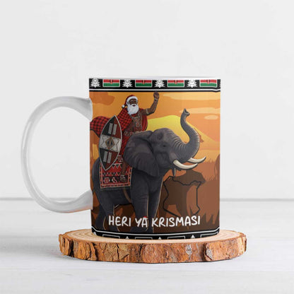 Kenya Safari Christmas Ceramic Mug Black Santa Riding Elephant - Heri ya Krismasi