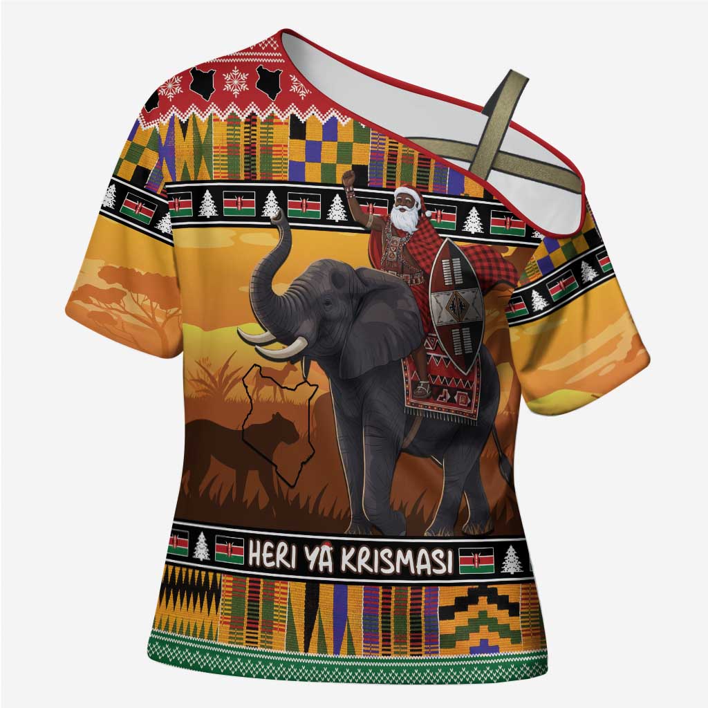 Kenya Safari Christmas Cross Shoulder Shirt Black Santa Riding Elephant - Heri ya Krismasi