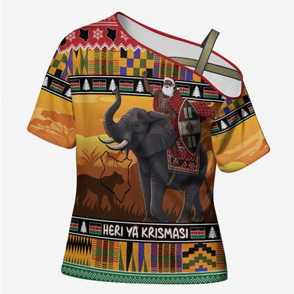 Kenya Safari Christmas Cross Shoulder Shirt Black Santa Riding Elephant - Heri ya Krismasi