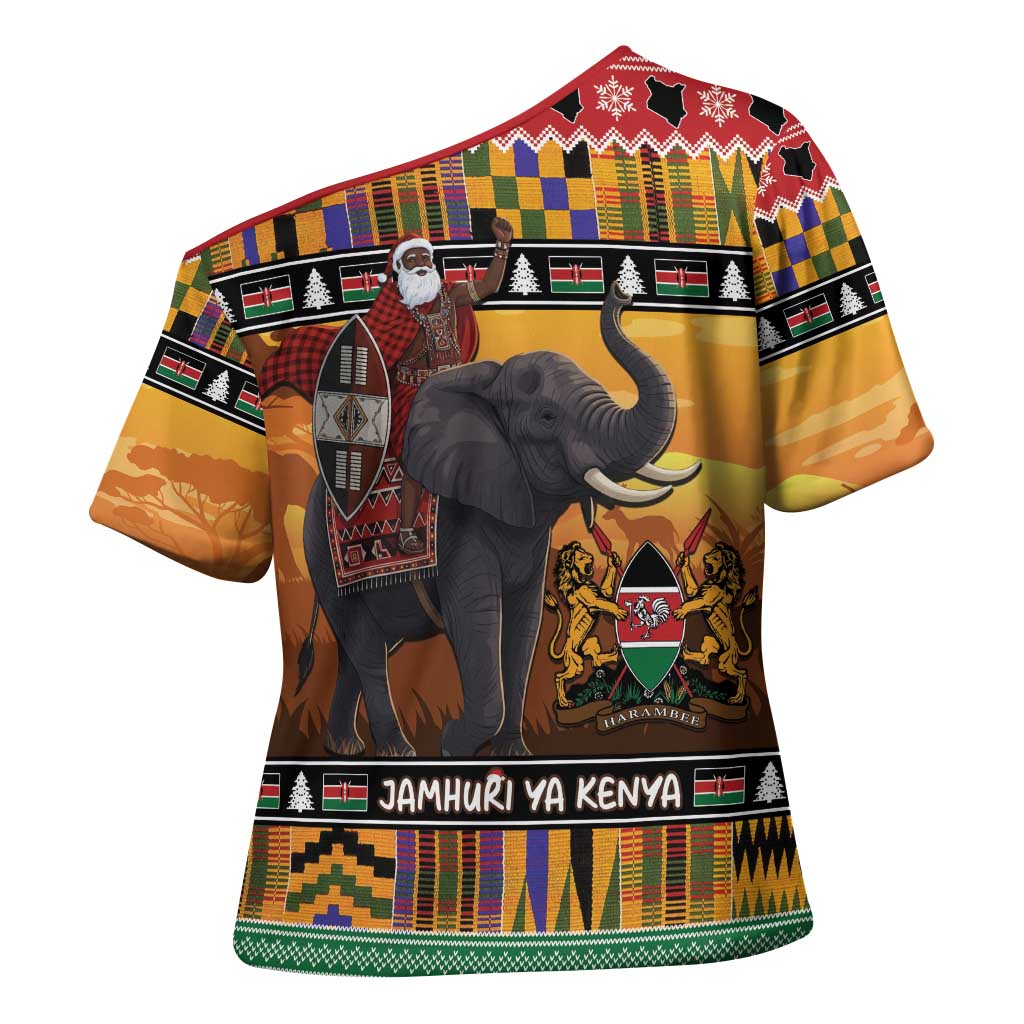 Kenya Safari Christmas Cross Shoulder Shirt Black Santa Riding Elephant - Heri ya Krismasi