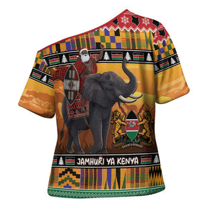 Kenya Safari Christmas Cross Shoulder Shirt Black Santa Riding Elephant - Heri ya Krismasi