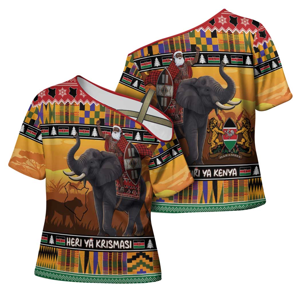 Kenya Safari Christmas Cross Shoulder Shirt Black Santa Riding Elephant - Heri ya Krismasi