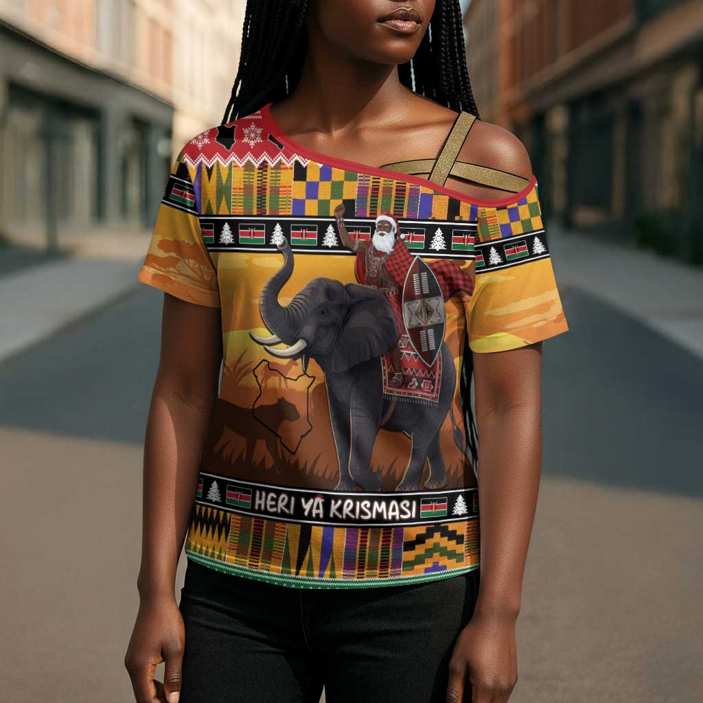 Kenya Safari Christmas Cross Shoulder Shirt Black Santa Riding Elephant - Heri ya Krismasi