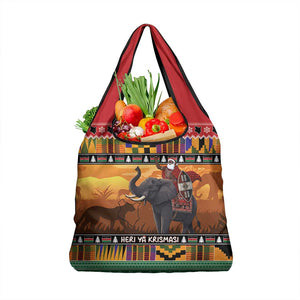 Afro Christmas in Kenya Safari Grocery Bag Black Santa Riding Elephant - African Pride