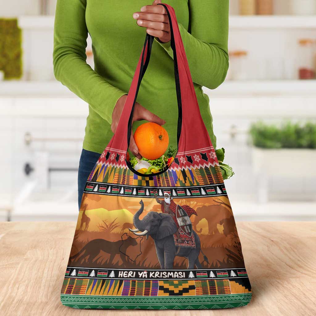 Afro Christmas in Kenya Safari Grocery Bag Black Santa Riding Elephant - African Pride