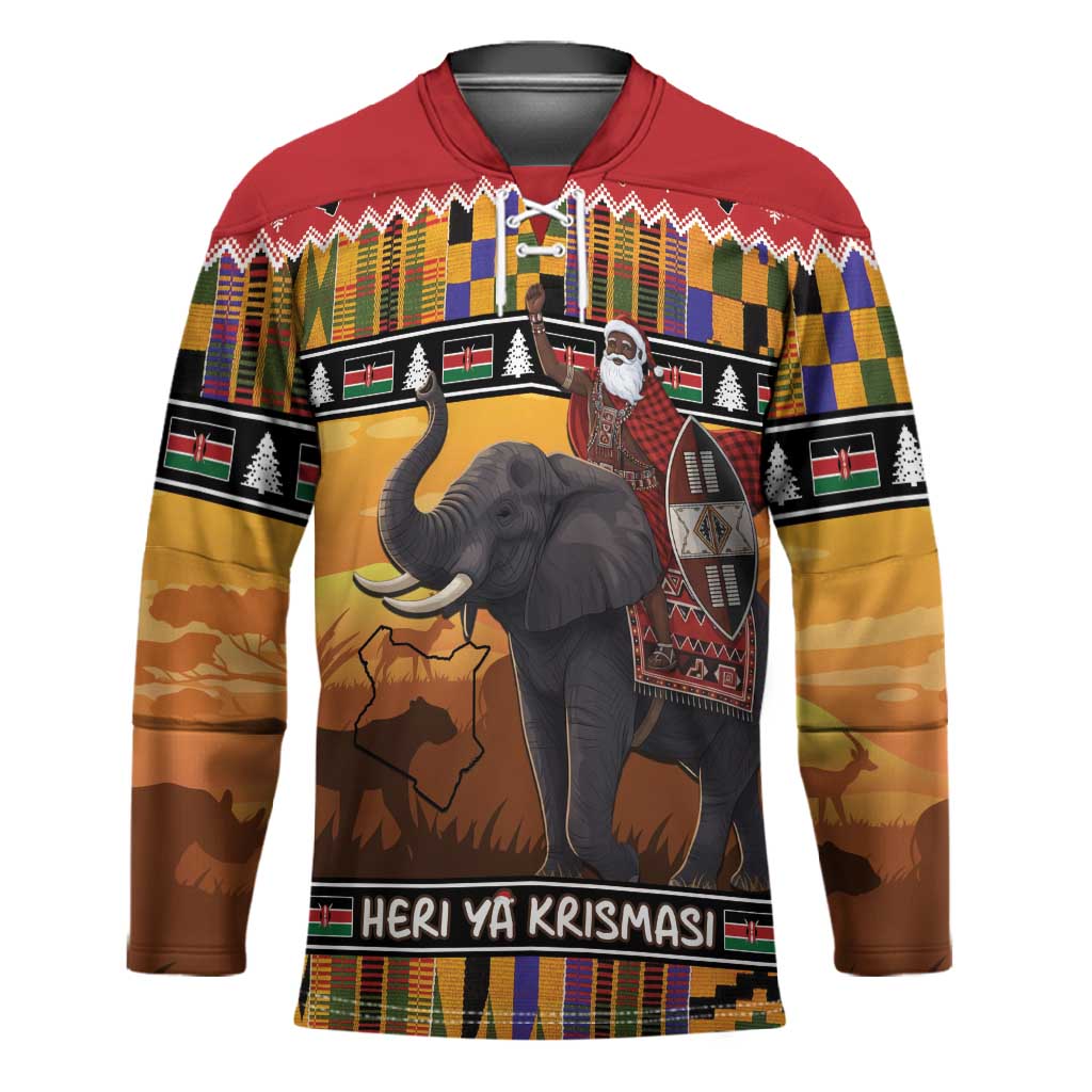 Kenya Safari Christmas Hockey Jersey Black Santa Riding Elephant - Heri ya Krismasi