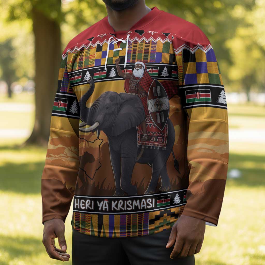 Kenya Safari Christmas Hockey Jersey Black Santa Riding Elephant - Heri ya Krismasi