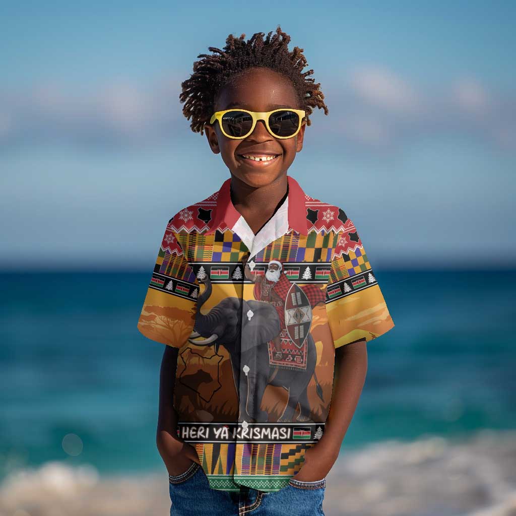 Afro Christmas in Kenya Safari Kid Hawaiian Shirt Black Santa Riding Elephant - African Pride