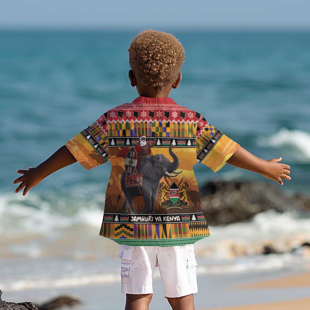 Afro Christmas in Kenya Safari Kid Hawaiian Shirt Black Santa Riding Elephant - African Pride
