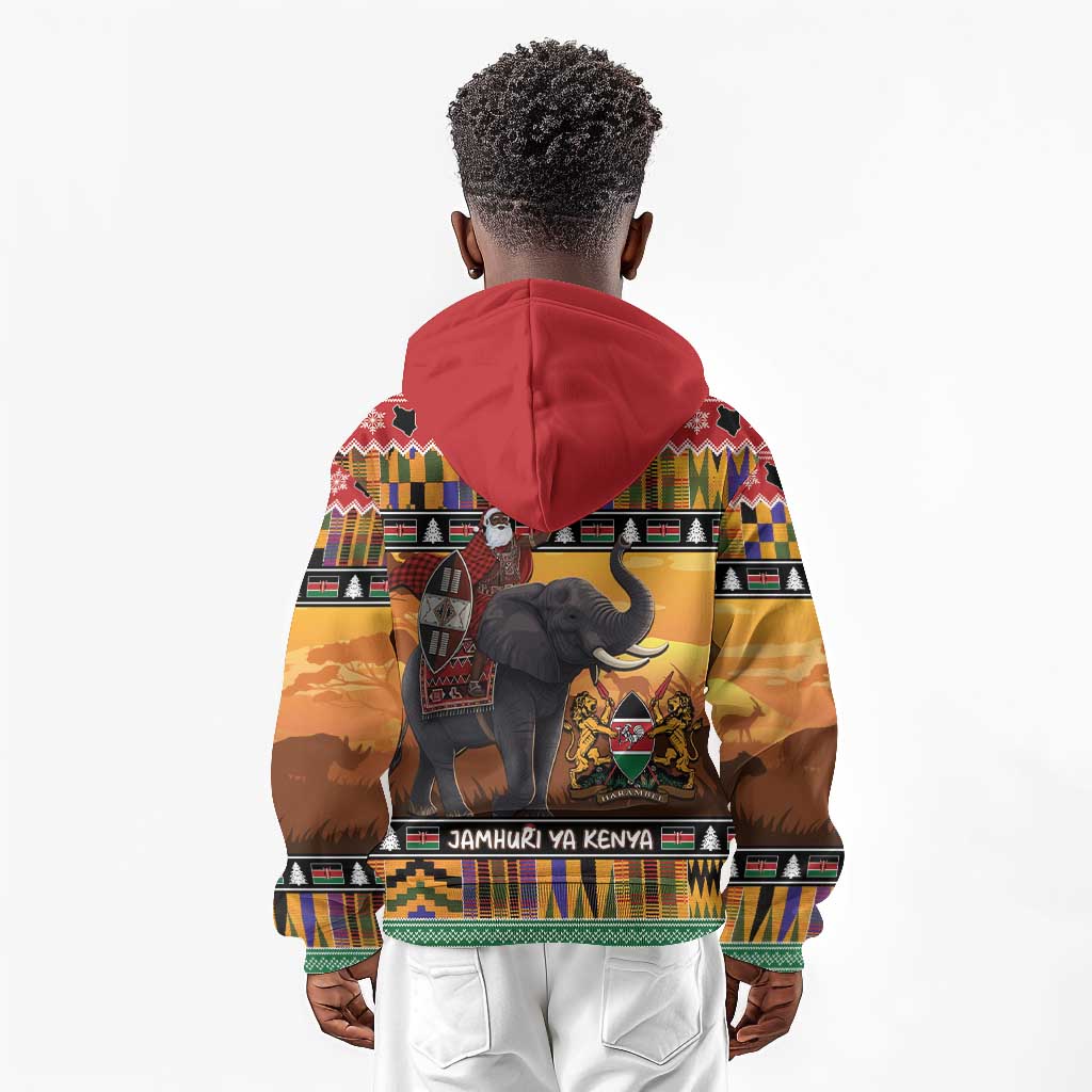 Afro Christmas in Kenya Safari Kid Hoodie Black Santa Riding Elephant - African Pride