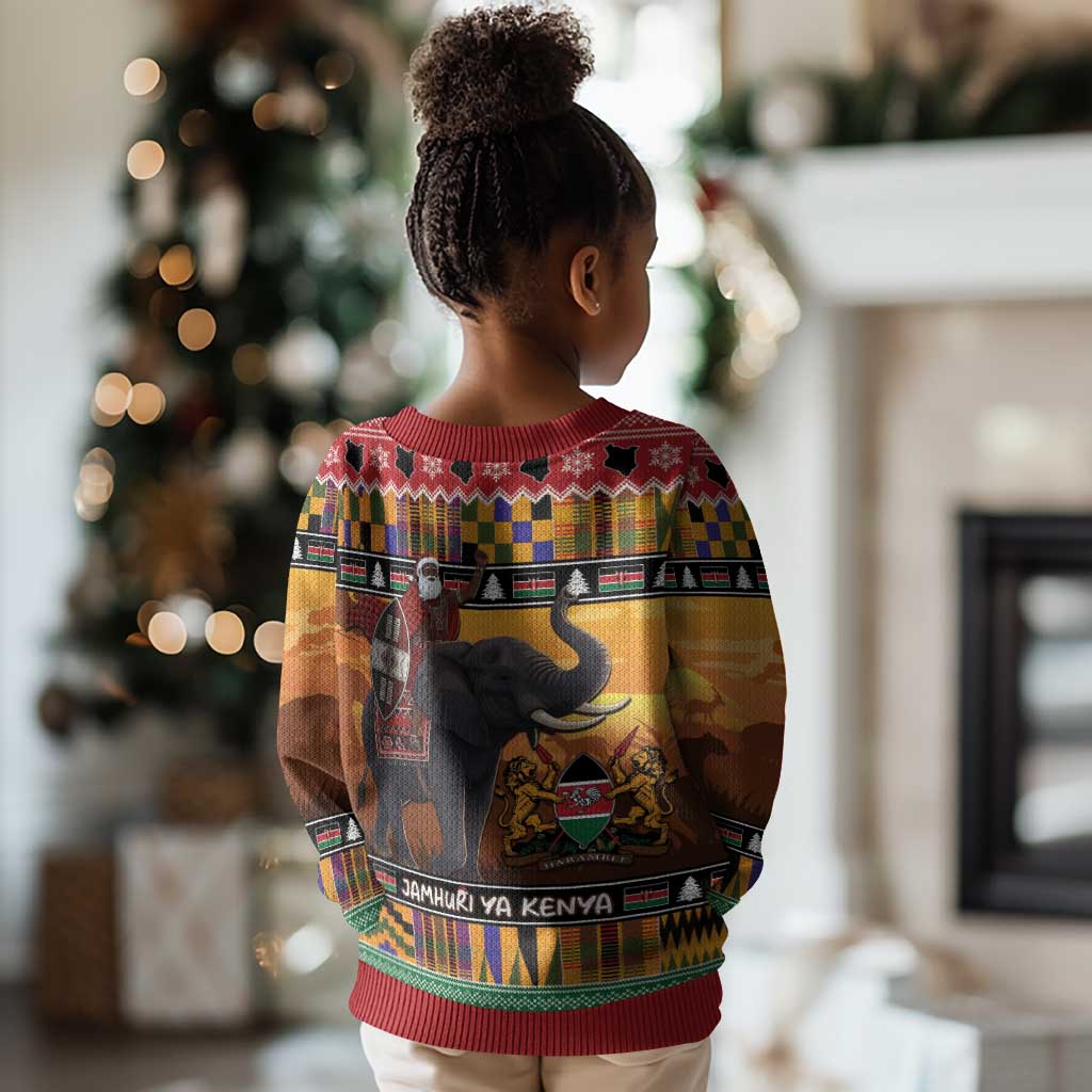 Afro Christmas in Kenya Safari Kid Ugly Christmas Sweater Black Santa Riding Elephant - African Pride