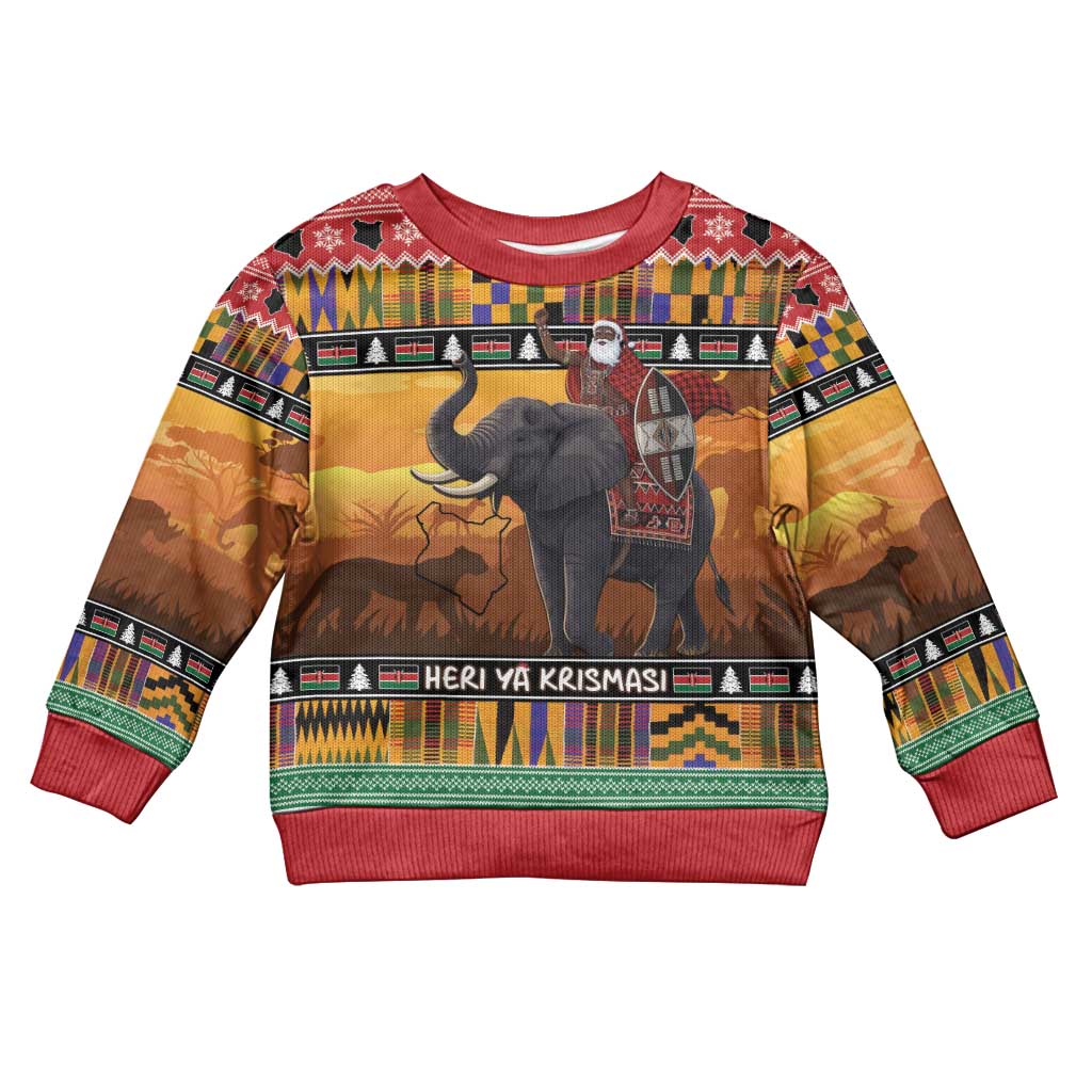 Afro Christmas in Kenya Safari Kid Ugly Christmas Sweater Black Santa Riding Elephant - African Pride