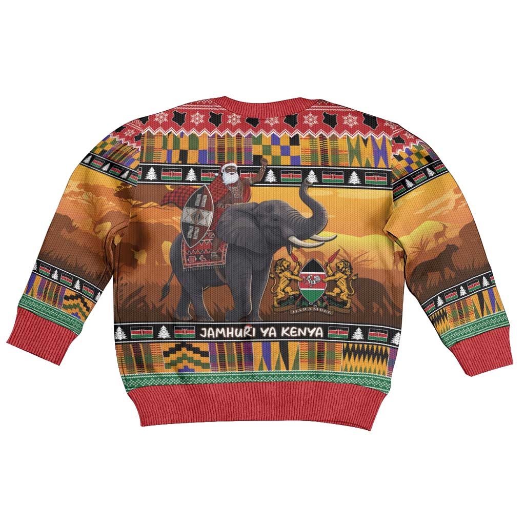 Afro Christmas in Kenya Safari Kid Ugly Christmas Sweater Black Santa Riding Elephant - African Pride