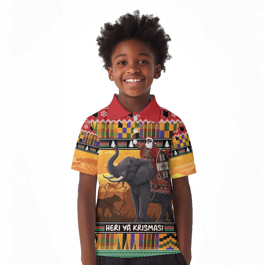 Afro Christmas in Kenya Safari Kid Polo Shirt Black Santa Riding Elephant - African Pride