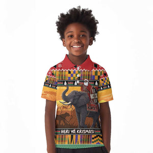 Afro Christmas in Kenya Safari Kid Polo Shirt Black Santa Riding Elephant - African Pride