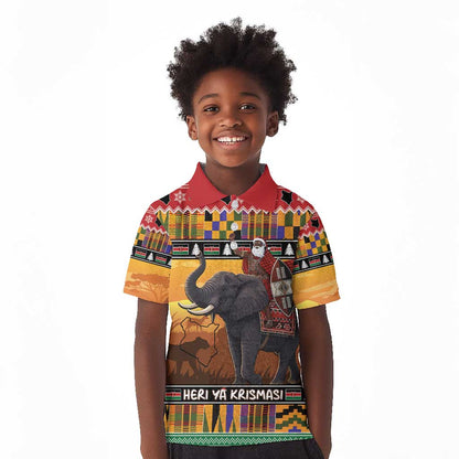 Afro Christmas in Kenya Safari Kid Polo Shirt Black Santa Riding Elephant - African Pride