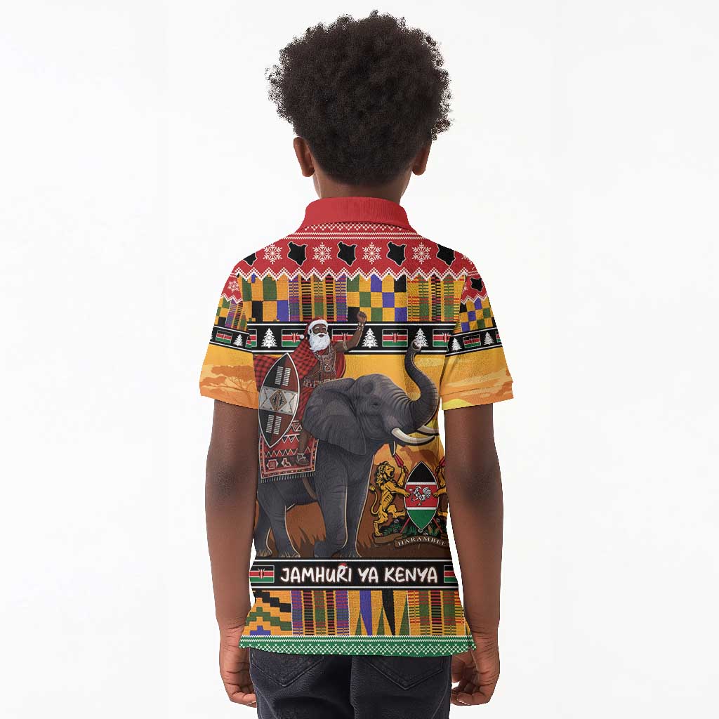 Afro Christmas in Kenya Safari Kid Polo Shirt Black Santa Riding Elephant - African Pride