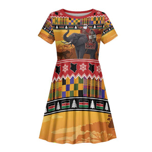 Afro Christmas in Kenya Safari Kid Short Sleeve Dress Black Santa Riding Elephant - African Pride