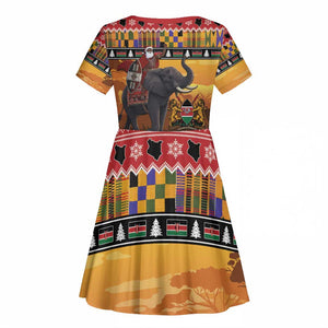 Afro Christmas in Kenya Safari Kid Short Sleeve Dress Black Santa Riding Elephant - African Pride