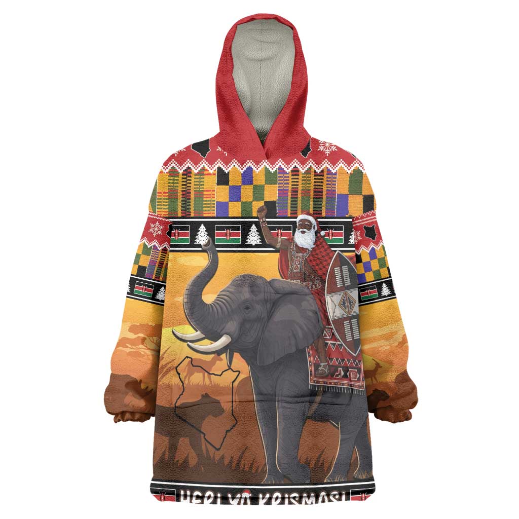 Afro Christmas in Kenya Safari Kid Wearable Blanket Hoodie Black Santa Riding Elephant - African Pride