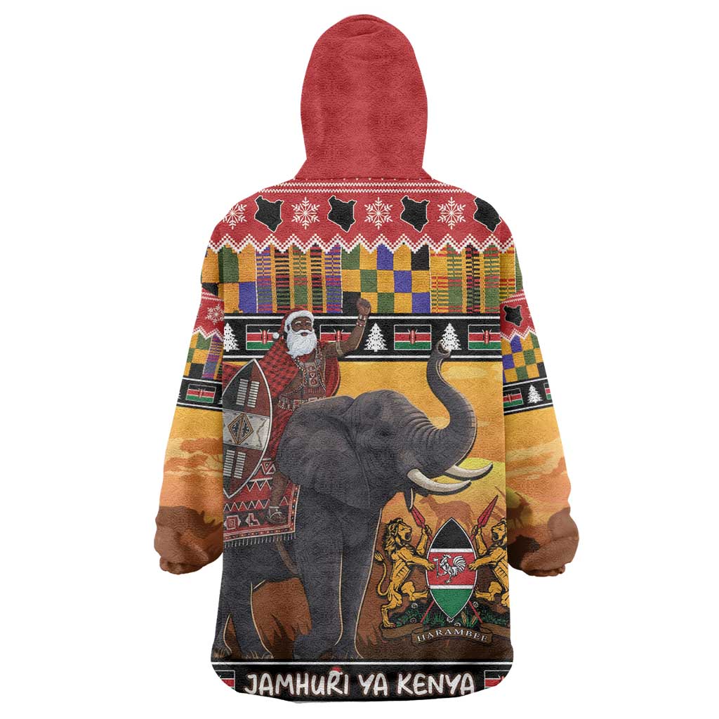 Afro Christmas in Kenya Safari Kid Wearable Blanket Hoodie Black Santa Riding Elephant - African Pride