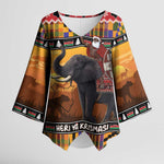 Kenya Safari Christmas Kimono Sleeve Blouse Black Santa Riding Elephant - Heri ya Krismasi
