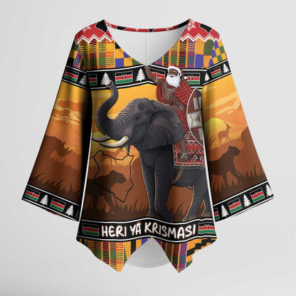 Kenya Safari Christmas Kimono Sleeve Blouse Black Santa Riding Elephant - Heri ya Krismasi