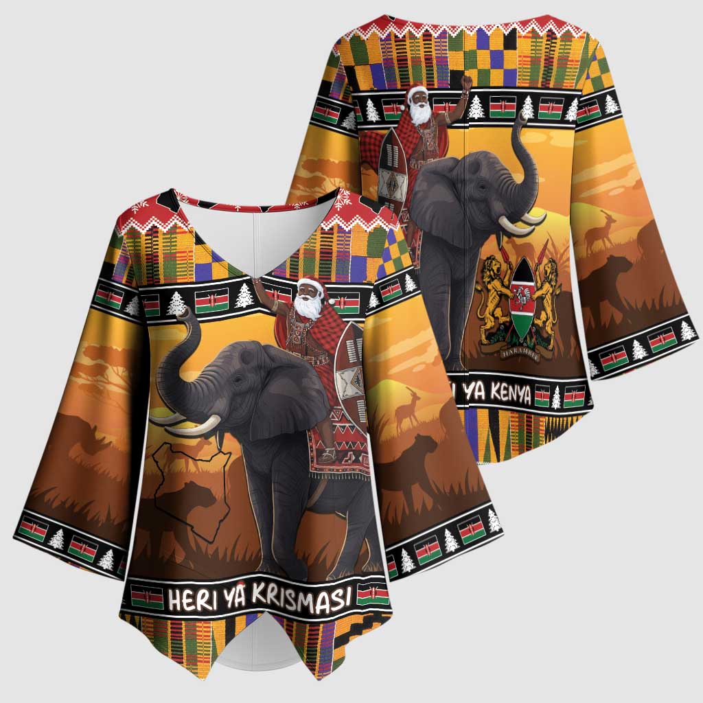 Kenya Safari Christmas Kimono Sleeve Blouse Black Santa Riding Elephant - Heri ya Krismasi